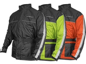 Photo showing Solo Storm Jackets in Black, Hi-Vis Yellow, and Orange on white background